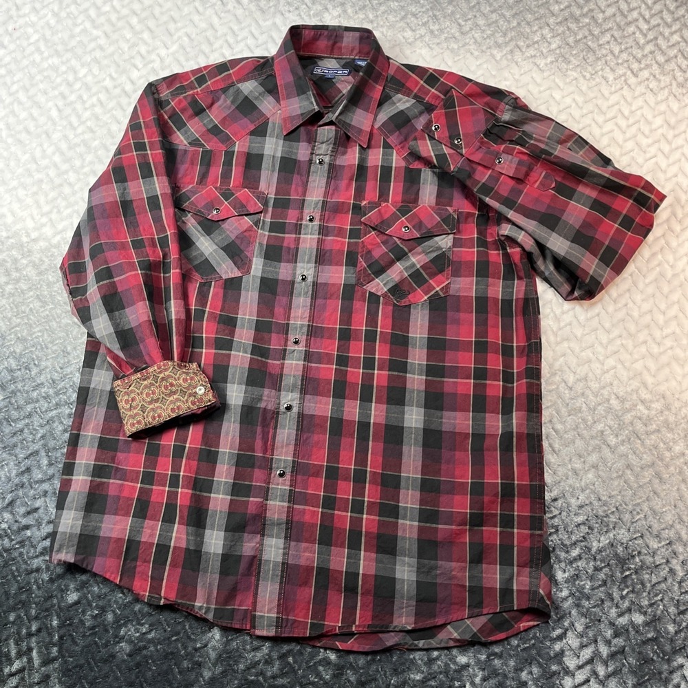 Roper Shirt Mens L Blk Red Plaid Paisley Flip Cuff Cowboy Western Pearl Snap